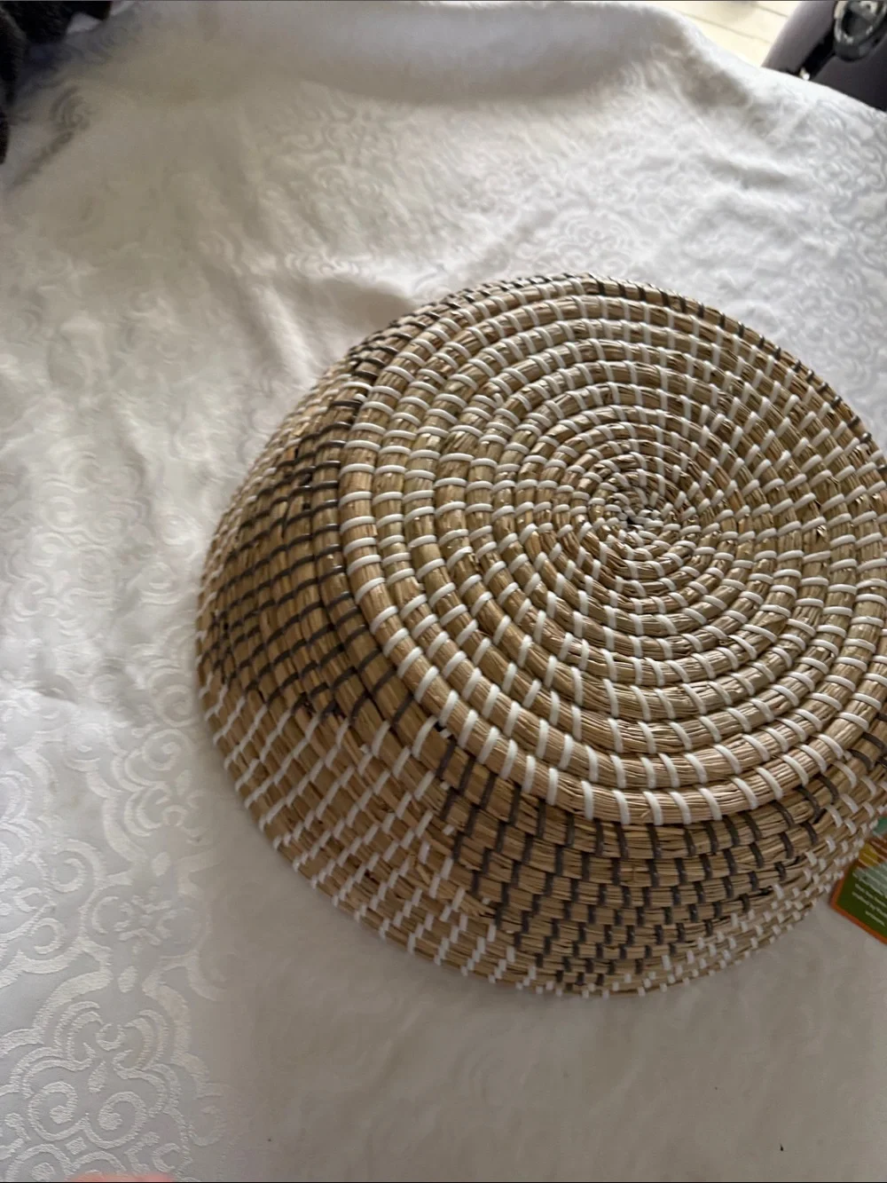 Natural Woven Basket Bowl - Tan, white & gray